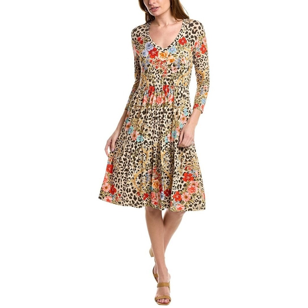 Johnny Was T32822-8 Cheetah Tiered Tea Length Dress Multi $210rt sz S NWT